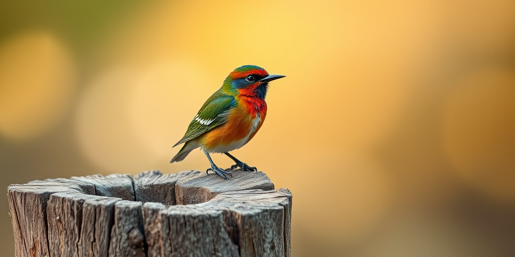 A vibrant bird perched on a weathered stump, background softly blurred, captured with a Canon EOS 5D Mark IV, 300mm lens, f/2.8 aperture, ISO 200, shutter speed 1/1000s, natural lighting, focused on subject with creamy bokeh.