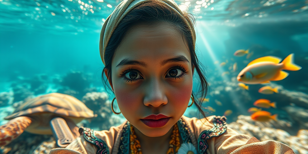 Realistic selfie image of a Burmese, wearing a vintage outfit, detailed dreamy eyes, droopy hooded eyes, staring at the camera, taken underwater at coral reef with a sunbeam filtering through the water, vibrant, summer vacation, natural lighting, turtle and school of tropical fish with vibrant colors, rendered in the style of CryEngine, Pegi Nicol MacLeod, with realistic genre scenes, hauntingly beautiful narratives, ultra-realism, and Thomas Saliot's close-up technique, 8K resolution, crystal clear and sparkling water.