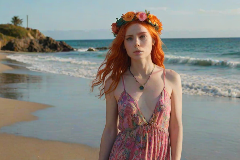 A vivid portrayal of a young woman with striking orange hair, adorned with a floral crown, standing on a sandy beach. She wears a bright pink dress with intricate patterns and a large turquoise pendant. Her pose is contemplative, with her gaze directed away from the camera, lost in thought. In the background, two other individuals can be seen walking along the shore, and the azure ocean stretches out to the horizon. The sky is a clear blue with fluffy white clouds, suggesting a sunny day. The overall style of the image is contemporary, with a touch of bohemian flair, emphasized by the woman's vibrant hair and the casual beach setting.
