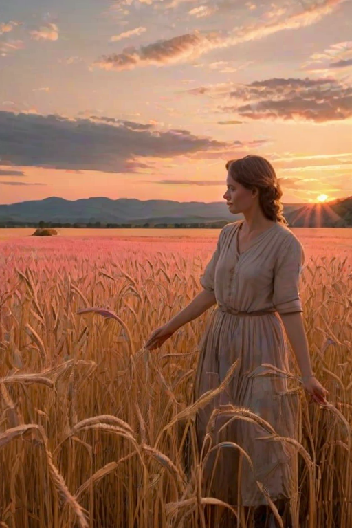 Golden wheat field, the sun setting behind distant hills, a woman walks slowly through the tall stalks, her hands brushing the tops as the sky turns a brilliant shade of pink.