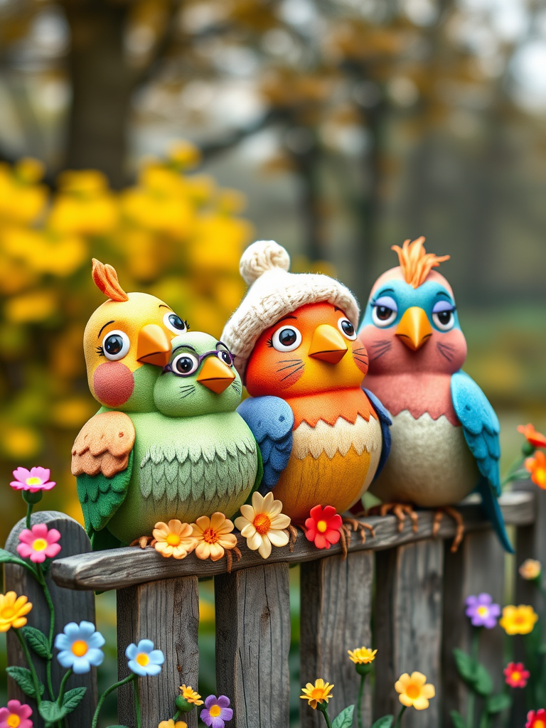 create a scene of 4 quirky  whimsical colourful comical birds each with a funny expression. they are sat on a wooden fence with colourful flowers. they are all different sizes. each one is a different colour  one is wearing a woolly hat. Each one has a different quirky google expression and there is a muted background of trees watercolour paintierly style high definition 8k resolution 3D paper mache