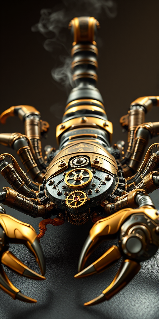Create a high-intensity, high-resolution image of a steampunk scorpion, featuring intricate clockwork mechanisms and brass gears. The scorpion should have metallic limbs with elaborate jointed segments, showcasing a blend of Victorian-era aesthetics and futuristic technology. The body should be adorned with cogwheels, pistons, and small steam vents emitting a subtle mist, the front pinchers should up up and open. Capture the scene with dramatic lighting to emphasize the mechanical details, giving it a sense of motion and life