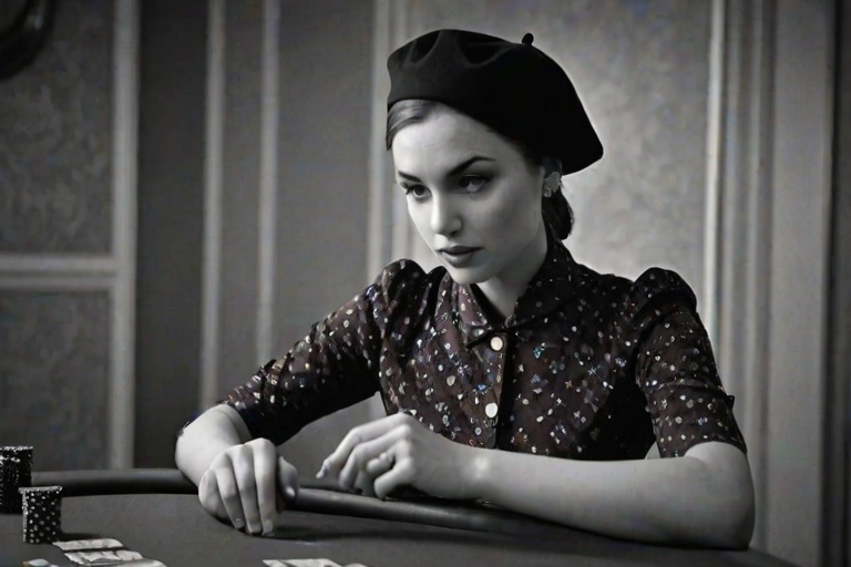 a beautiful woman,Chignon,Burgundy,dressed in a printed day dress with a belted waist and a beret,Play a strategic game of poker with a cool and collected demeanor,extremely beautiful masterpiece contest winner Ultra Detailed Highres,Fujifilm Neopan 100,volumetric lighting