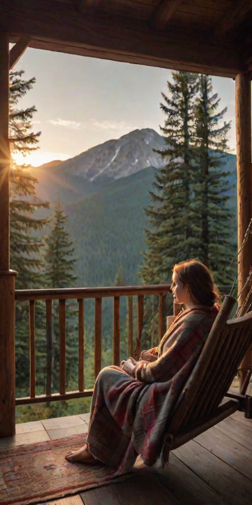 Secluded mountain cabin, surrounded by tall pine trees, a woman sits on the porch swing, wrapped in a blanket, sipping from a steaming mug as the sun sets behind the mountains.