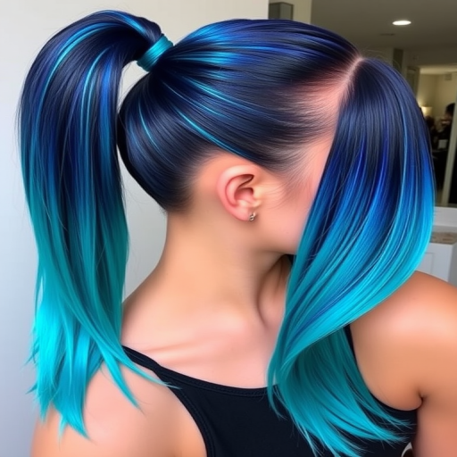 Midnight blue to turquoise gradient, styled in a sleek, high ponytail by "Galactic Glam" hair experts, showcasing a smooth, polished finish with holographic strips woven throughout, creating an otherworldly effect that shimmers and shifts with every movement.