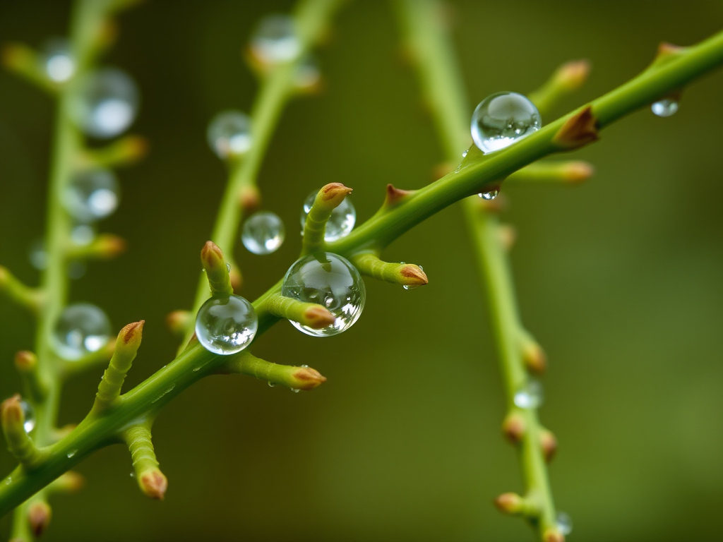 Close-up shot of green twigs with water droplets, shallow depth of field, soft natural light, ISO 100, f/2.8 aperture, 50mm lens, DSLR camera, macro photography style.