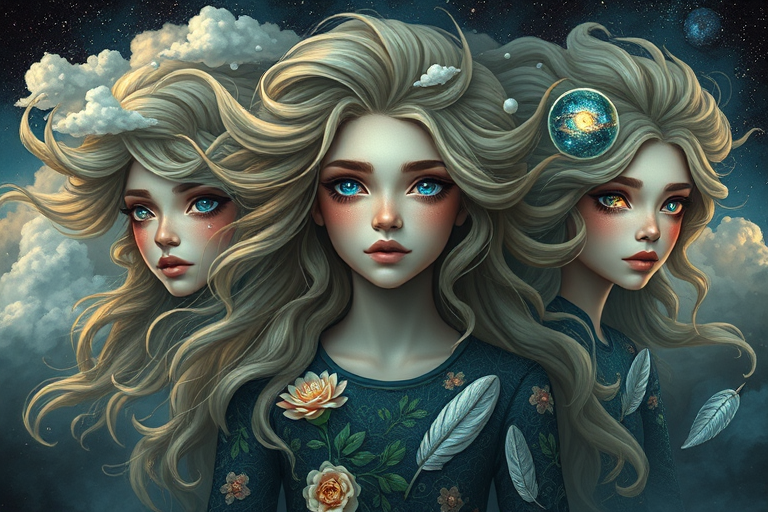 Create a series of imaginative portraits where each subject is infused with elements of fantasy and nature. The hair of the individuals should flow like clouds, varying from soft, fluffy cumulus to wispy cirrus strands, with hints of color reflecting a sunset or a clear blue sky. The eyes should be windows to entire galaxies, with stars, nebulae, and distant planets visible within them. Clothing should be adorned with nature motifs, such as floral patterns that bloom and change, vines that seem to grow and wrap around, or feathers that shimmer with iridescence. Each portrait should capture a unique personality, blending human features with the ethereal beauty of the natural and cosmic world. The backgrounds can vary, from starry night skies to enchanted forests, adding depth and context to the magical realism of the portraits