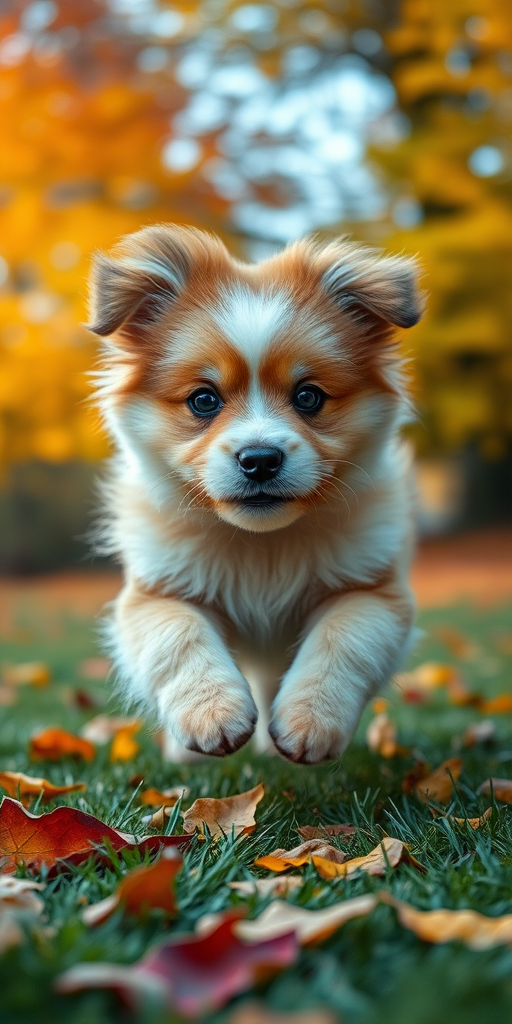 fluffy dog running on grass with fallen leaves around, vibrant colors, soft focus, captured with a Canon EOS 5D Mark IV, 50mm lens, aperture f/2.8, shutter speed 1/500s, ISO 400, natural light, shallow depth of field, eye level camera angle