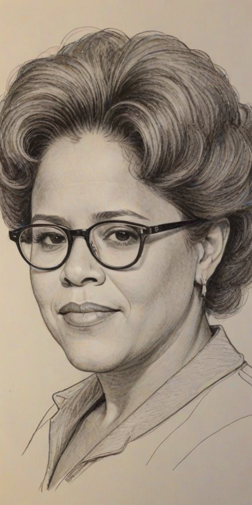 Exquisite Anna Deavere Smith, pencil sketch, portrait of Delightful woman 1966s in glasses, hair style beatnik, outline, clear lines, fine lines, 8k