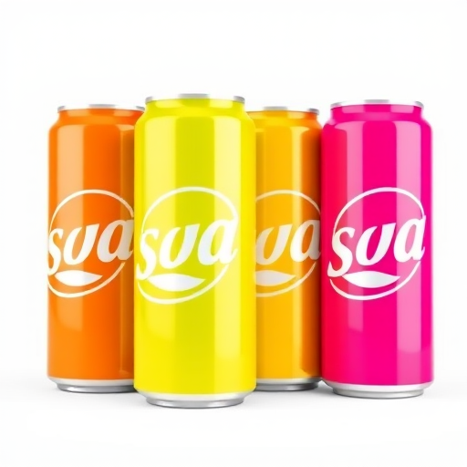 Create a vector illustration of four soda cans in vibrant colors: orange, green, pink, and yellow, with a clean and smooth finish, using a high-resolution setting of 300 DPI, a 50mm lens for a close-up view, set to f/4 aperture, and a neutral background to enhance the focus on the cans.