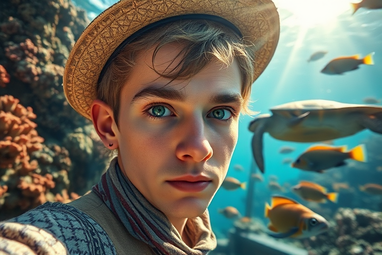 Realistic selfie image of a Circassian, wearing a vintage outfit, detailed dreamy eyes, droopy hooded eyes, staring at the camera, taken underwater at coral reef with a sunbeam filtering through the water, vibrant, summer vacation, natural lighting, turtle and school of tropical fish with vibrant colors, rendered in the style of CryEngine, Pegi Nicol MacLeod, with realistic genre scenes, hauntingly beautiful narratives, ultra-realism, and Thomas Saliot's close-up technique, 8K resolution, crystal clear and sparkling water.