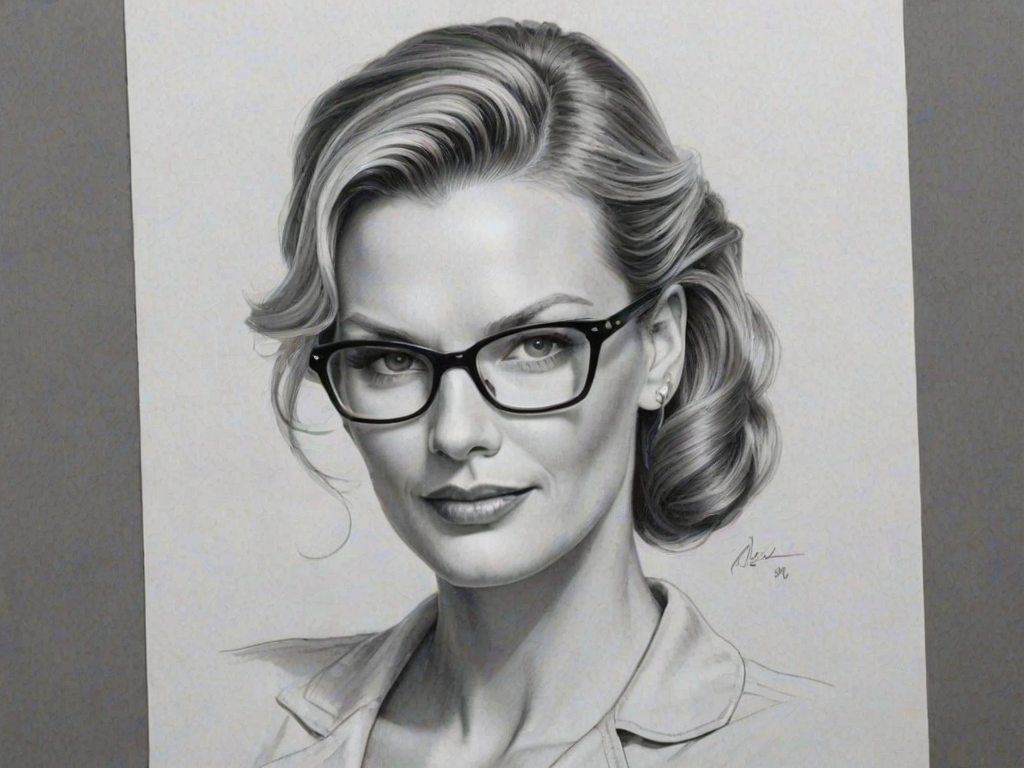Delightful Natasha Henstridge, pencil sketch, portrait of Magnificent woman 1950s in glasses, hair style beatnik, outline, clear lines, fine lines, 8k