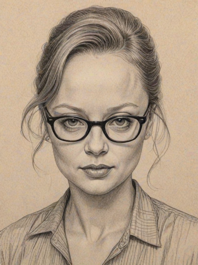 Graceful Samantha Morton, pencil sketch, portrait of Charming woman 1950s in glasses, hair style beatnik, outline, clear lines, fine lines, 8k