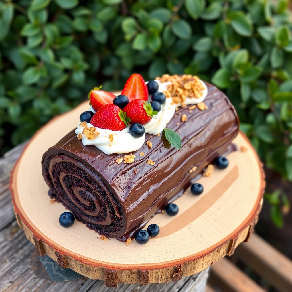 Chocolate log cake decorated with fresh fruits like strawberries and blueberries topped with cream and nuts on a rustic wooden table with green foliage in the background.