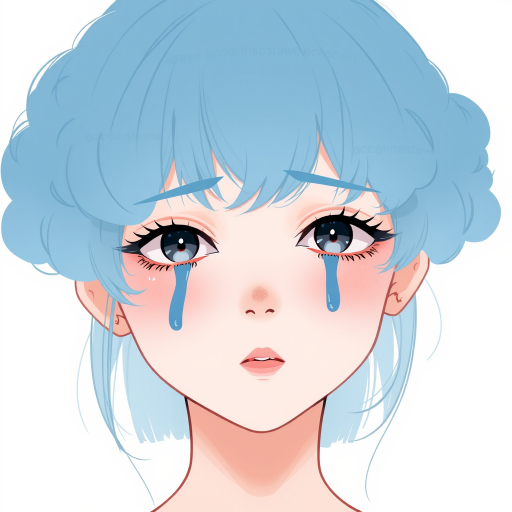 Create a high-resolution illustration of a person with blue cloud-like hair, tears flowing from the eyes, minimalist style, using a digital illustration technique, shot from a frontal view, with a soft color palette and smooth gradients, at a resolution of 300 dpi, using a drawing tablet.