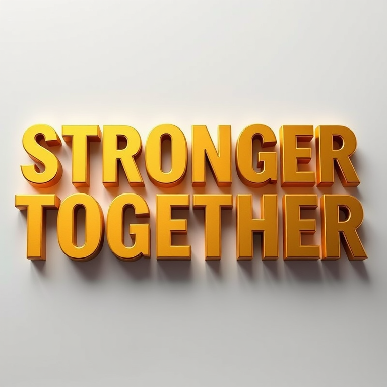 Create a 3D text image with the phrase "Stronger Together" in bold gold letters, using a Canon EOS R5 camera with a 50mm lens, aperture f/2.8, ISO 100, shot from a slight low angle, with soft studio lighting for a vibrant, high-quality finish.