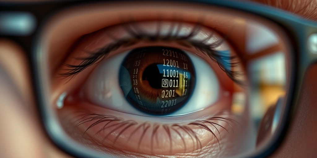 High-resolution close-up of an eye with digital code reflected in glasses, shallow depth of field, 50mm lens, f/1.8 aperture, 1/200s shutter speed, ISO 100, soft bokeh background.