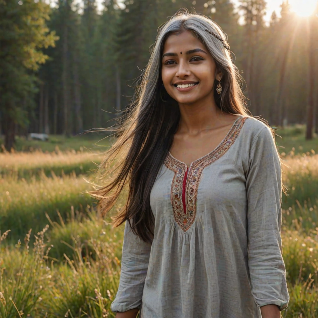 ultrarealistic, beautiful Indian woman, Indian pirouette on her head, gray hair, long straight hair, the sun gently illuminates her hair. Ultrarealistic skin, stands in the meadow, 1 girl, age - about 25 years old, swarthy complexion, ultrarealistic skin, smiles gently, stands near the campfire. She looks sexy