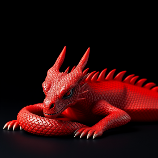 A highly detailed and realistic 3D rendering of a red dragon resting on a black background, vibrant colors, sharp textures, using a DSLR camera at f/2.8 aperture, ISO 100, 50mm lens, with soft lighting to enhance the scales and features.