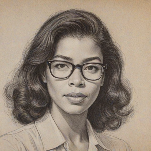 Stunning Irene Cara, pencil sketch, portrait of Bewitching woman 1947s in glasses, hair style beatnik, outline, clear lines, fine lines, 8k