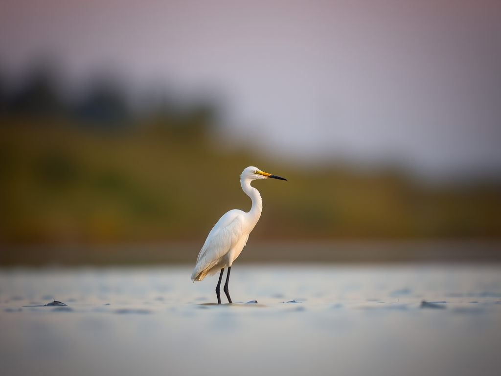 capture a serene image of a white egret standing in calm water at dusk with a shallow depth of field, using a DSLR camera with an aperture of f/2.8, ISO 200, 1/500 shutter speed, and a 70-200mm lens, focusing on the bird with soft bokeh in the background