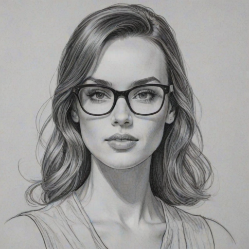 Comely Jessica McNamee, pencil sketch, portrait of Graceful woman 1961s in glasses, hair style beatnik, outline, clear lines, fine lines, 8k