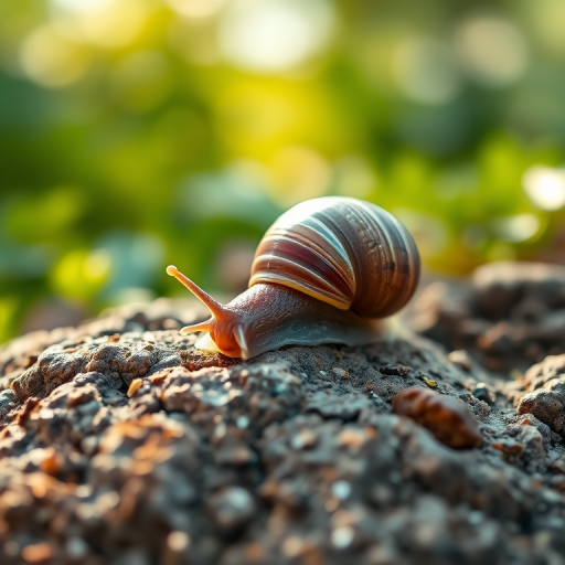 macro photograph of a detailed snail on a textured rock surrounded by greenery, soft bokeh background, natural sunlight highlighting the shell, f/2.8 aperture, 100mm lens, ISO 100, shot from eye level, using a DSLR camera, warm color tones, high dynamic range.