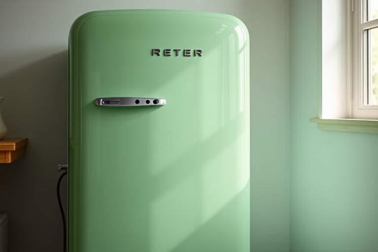 Create a high-resolution image of a green retro refrigerator, using a DSLR camera with a 50mm lens, aperture set to f/2.8, ISO 100, in natural lighting, shot from a slightly elevated frontal angle to emphasize its design.