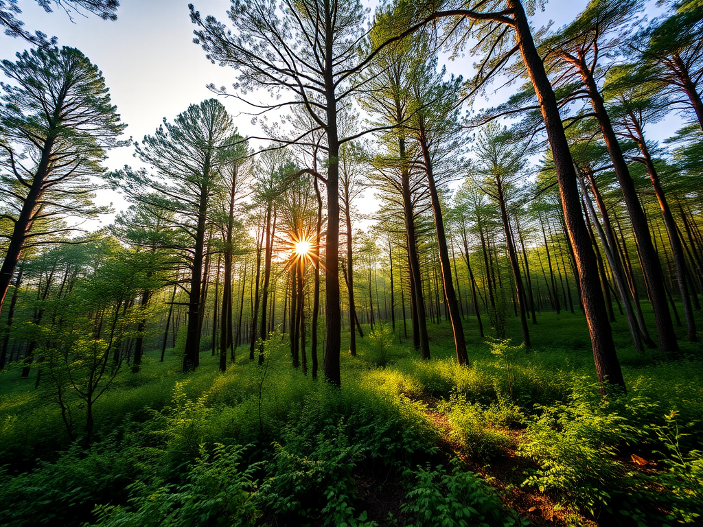generate a high-resolution image of a lush green forest with the sun filtering through the trees at golden hour, use a Canon EOS R5 camera with a 24mm f/1.4 lens, aperture set to f/2.8, ISO 100, and a shutter speed of 1/200 sec, capturing a wide-angle view for depth and detail.