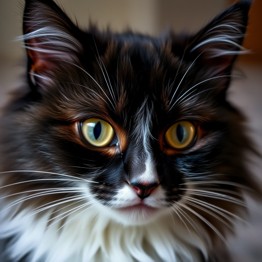 A close-up shot of a fluffy cat with black and white fur, focusing on its captivating eyes, taken with a Canon EOS R5, 50mm lens, f/1.8 aperture, ISO 200, in low-light conditions for enhanced detail and textures.
