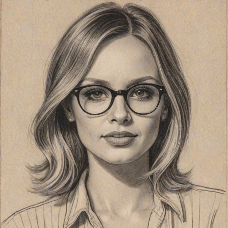 Magnificent Carly Pearce, pencil sketch, portrait of Splendid woman 1937s in glasses, hair style beatnik, outline, clear lines, fine lines, 8k