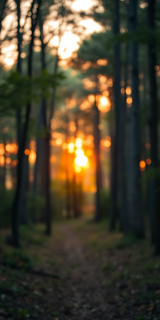 Generate an image of a peaceful forest scene during sunset with warm lighting, using a Canon EOS R5, 50mm lens, f/1.8 aperture, ISO 100, with a shallow depth of field and a soft bokeh effect in the background.