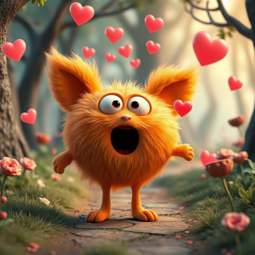 A fluffy orange creature with large eyes and a wide open mouth stands on a path in a whimsical forest, bright pink and red hearts float through the air, the creature has a surprised expression, the light is warm and soft, photorealistic, digital art, 3D style