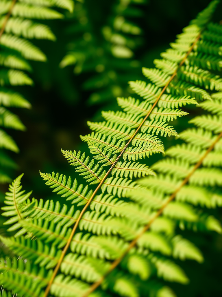 Regenerate a close-up image of green ferns in soft natural light, using a DSLR camera with an aperture of f/2.8, ISO 100, shutter speed of 1/200 sec, and a shallow depth of field for a smooth background blur.