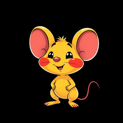 Create a high-resolution digital illustration of a cartoon yellow mouse character with large ears and red cheeks, set against a solid black background, using a Canon EOS R camera, with a 50mm lens at f/1.8 aperture, ISO 100, and a vibrant color profile.