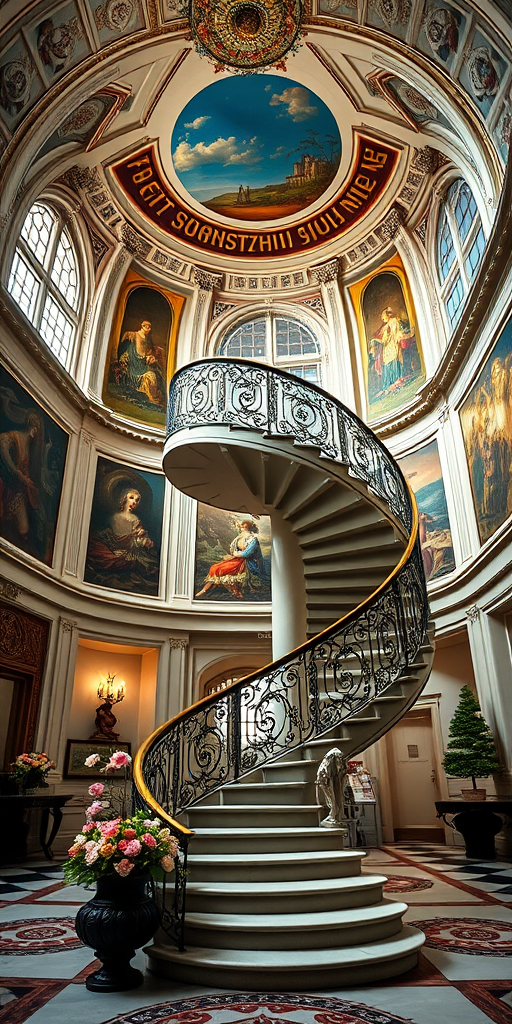Create a luxurious interior of an ornate spiral staircase in a grand hall with dramatic murals on the walls and elegant flower arrangements, captured with a DSLR camera, 50mm lens, f/1.8 aperture, ISO 200, natural light, shallow depth of field for a dreamy effect.