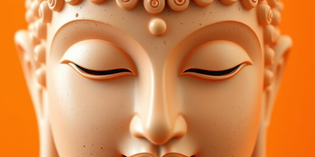 Create a high-resolution image of a serene Buddha face with a smooth texture and an orange background, using a DSLR camera set to 50mm focal length, aperture f/1.8, ISO 100, capturing a shallow depth of field for a blurred background effect.