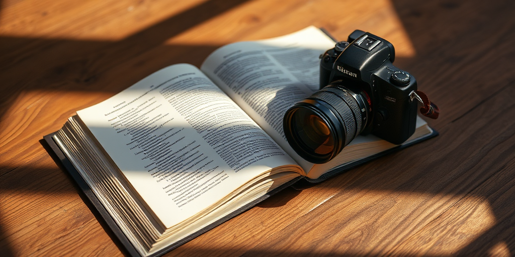Create a high-resolution image of an open book on a wooden table, captured with a DSLR camera at f/2.8 aperture, ISO 100, and a 50mm lens, using natural light to enhance shadows and details.