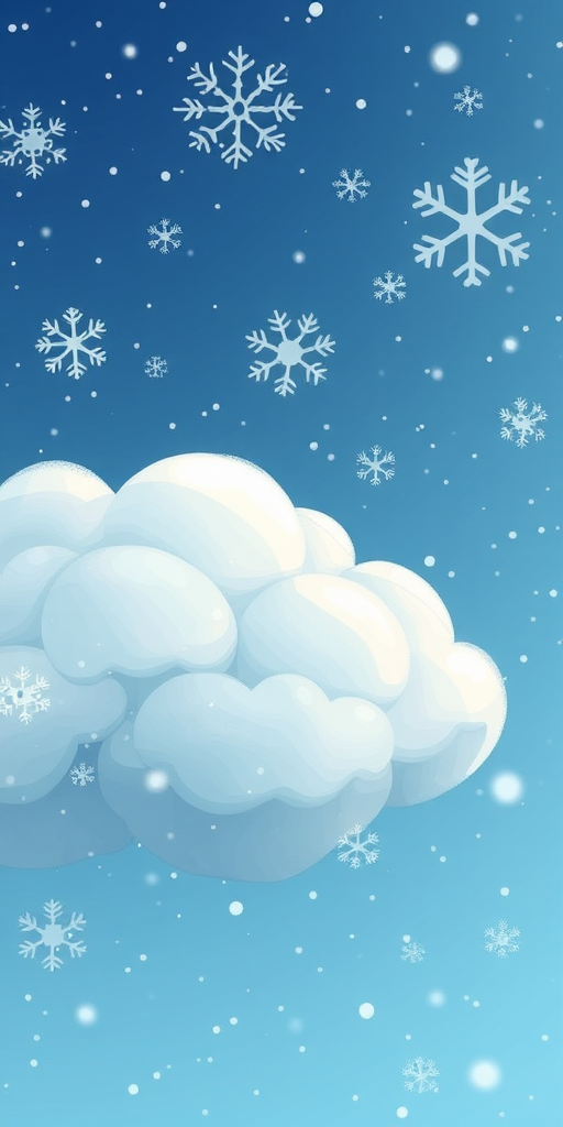 Create a high-resolution illustration of a cartoon-style cloud with snowfall featuring intricate snowflakes, using a Canon EOS 5D Mark IV camera, 50mm lens, aperture f/2.8, ISO 100, capturing the scene from a slightly tilted top-down view to enhance depth and clarity.