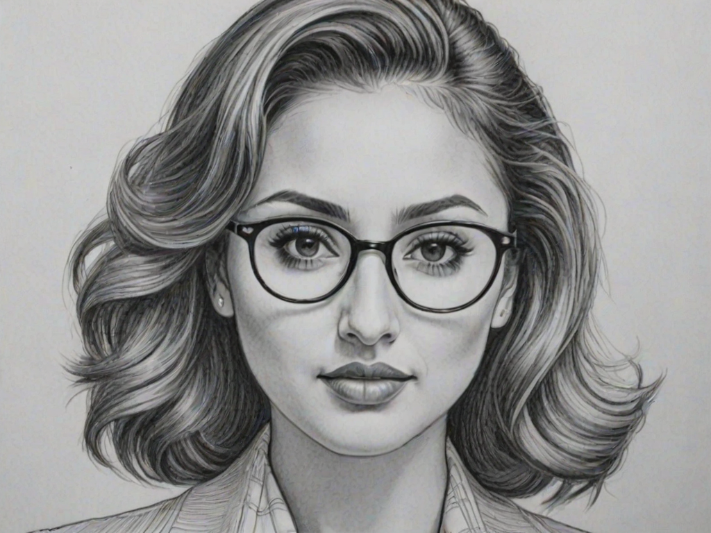Pleasing Francia Raisa, pencil sketch, portrait of Ravishing woman 1941s in glasses, hair style beatnik, outline, clear lines, fine lines, 8k