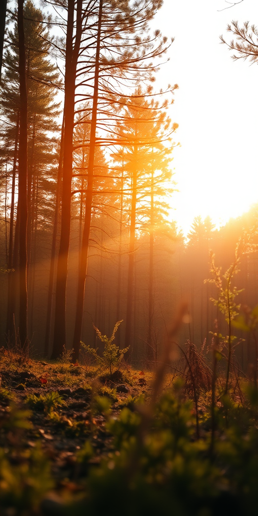 Create a high-resolution image of a serene forest landscape during sunrise with soft golden light filtering through the trees, using a DSLR camera with a 50mm lens, aperture f/1.8, shutter speed 1/100s, ISO 200, capturing a warm and inviting atmosphere from a low angle perspective.