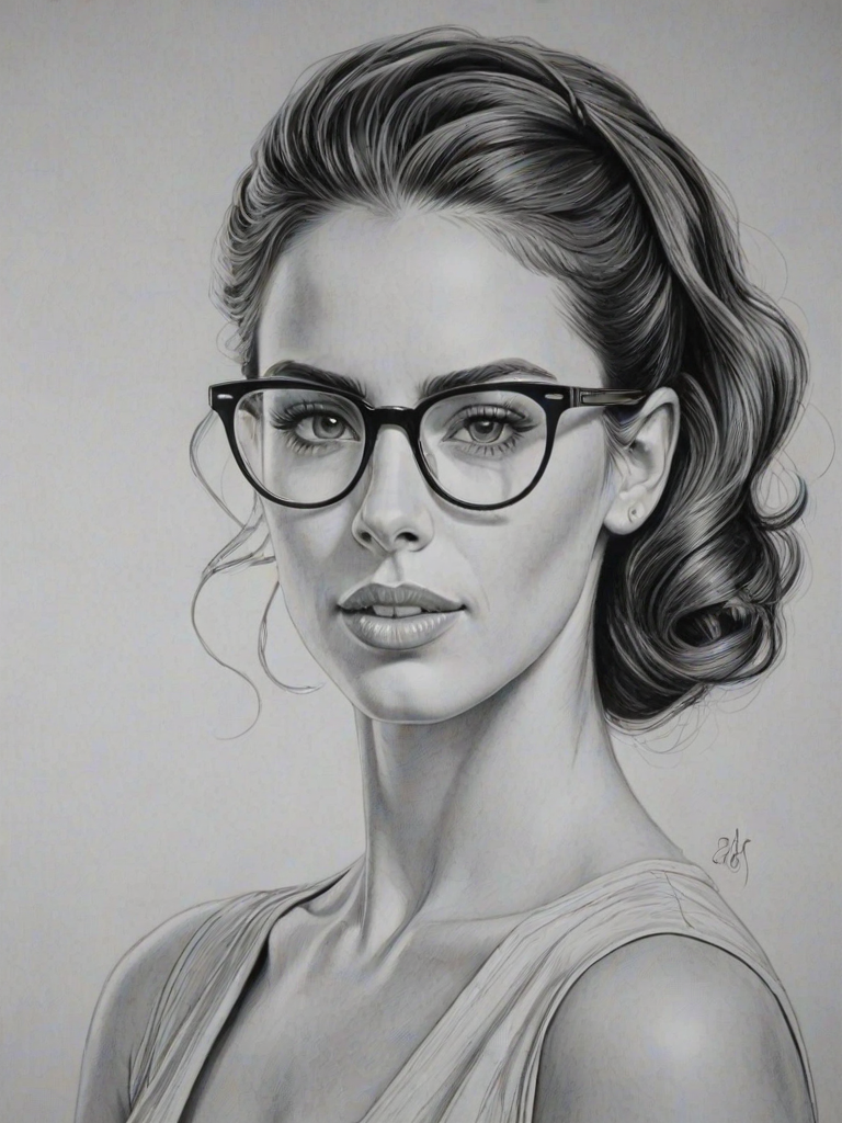 Fascinating Jessica Lowndes, pencil sketch, portrait of Superb woman 1945s in glasses, hair style beatnik, outline, clear lines, fine lines, 8k