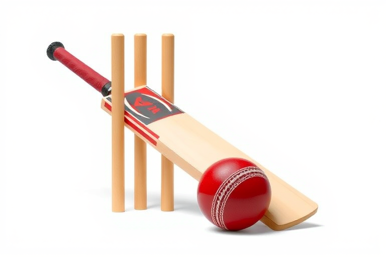 Create a high-resolution illustration of a cricket bat, stumps, and a cricket ball, captured with a 50mm lens at f/2.8 in a studio setting with soft lighting and a plain white background for enhanced detail and clarity.