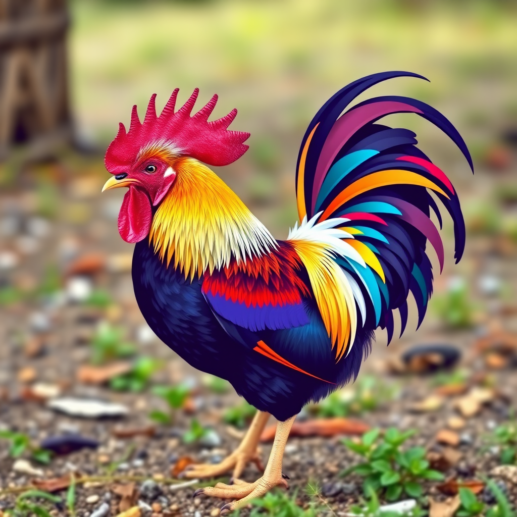 Create a colorful vector illustration of a rooster, using a vibrant color palette with bold lines and smooth shapes, captured with a digital camera at f/8 aperture, ISO 100, 50mm lens, shot in natural light from a low angle to enhance details and texture.