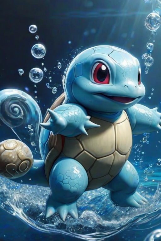 the image features a squirtle. it is surrounded by an aura of water waves and bubbles with intricate, blue glow