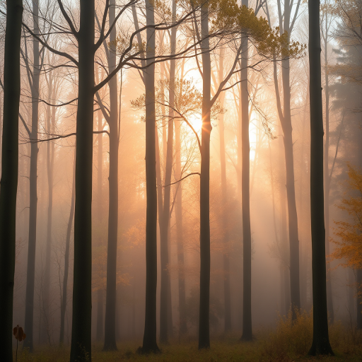 forest scene with tall beech trees shrouded in soft morning fog, vibrant autumn foliage peeking through, shot with a Nikon D850 at 50mm f/1.8, aperture f/4, ISO 200, in natural light for enhanced detail and clarity