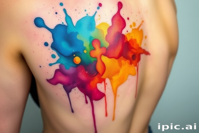 Vibrant watercolor splash tattoo named "Chromatic Cascade" featuring a burst of rainbow hues blending seamlessly into each other creating an abstract masterpiece on the skin with fluid brushstrokes and delicate splatters giving the illusion of paint dripping down the body incorporating subtle white highlights to enhance depth and dimension while maintaining a soft ethereal quality that appears to float weightlessly on the surface