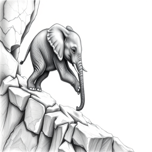 Create an intricate drawing of a baby elephant climbing down a rocky ledge, emphasizing texture and detail, using a high-resolution camera with a 50mm lens, f/2.8 aperture, ISO 100, and a shallow depth of field, capturing the scene from a slightly elevated angle for a dynamic perspective.