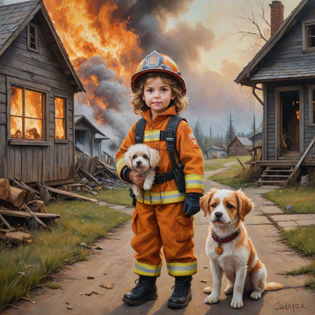 airbrushed oil painting, pixar style, cute little girl in fireman gear, helmet, tousled hair, expressive eyes, standing in the doorstep of a cottage burning behind him, holding a cute little dog in her arm, atumn sky