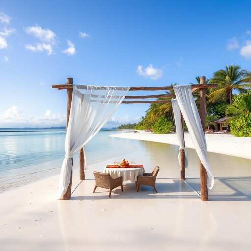 Create a picturesque tropical beach scene featuring a serene, white sandy shore. In the foreground, there's a rustic wooden canopy with white drapes gently flowing in the breeze. Underneath the canopy, a table is set with tropical decor, evoking a sense of relaxation and leisure. The beach extends into a calm, shallow water area with reflections of the sky and surroundings. Palm trees and lush greenery line the edge of the beach, providing a natural, tropical backdrop. The sky is clear with a few scattered clouds, and the overall atmosphere is tranquil and inviting, perfect for a peaceful retreat.